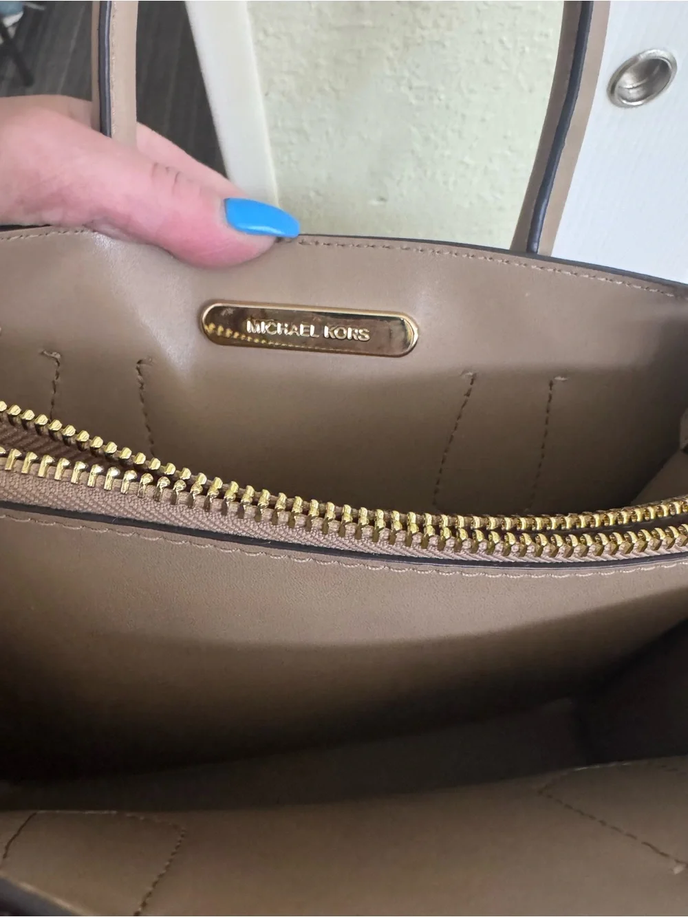 Michael Kors Beige and White Logo-Print Tote with Gold Charm